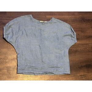 Camille & Co Blue Linen Short Sleve Smocked Puff Sleve Opening Oversized S Italy